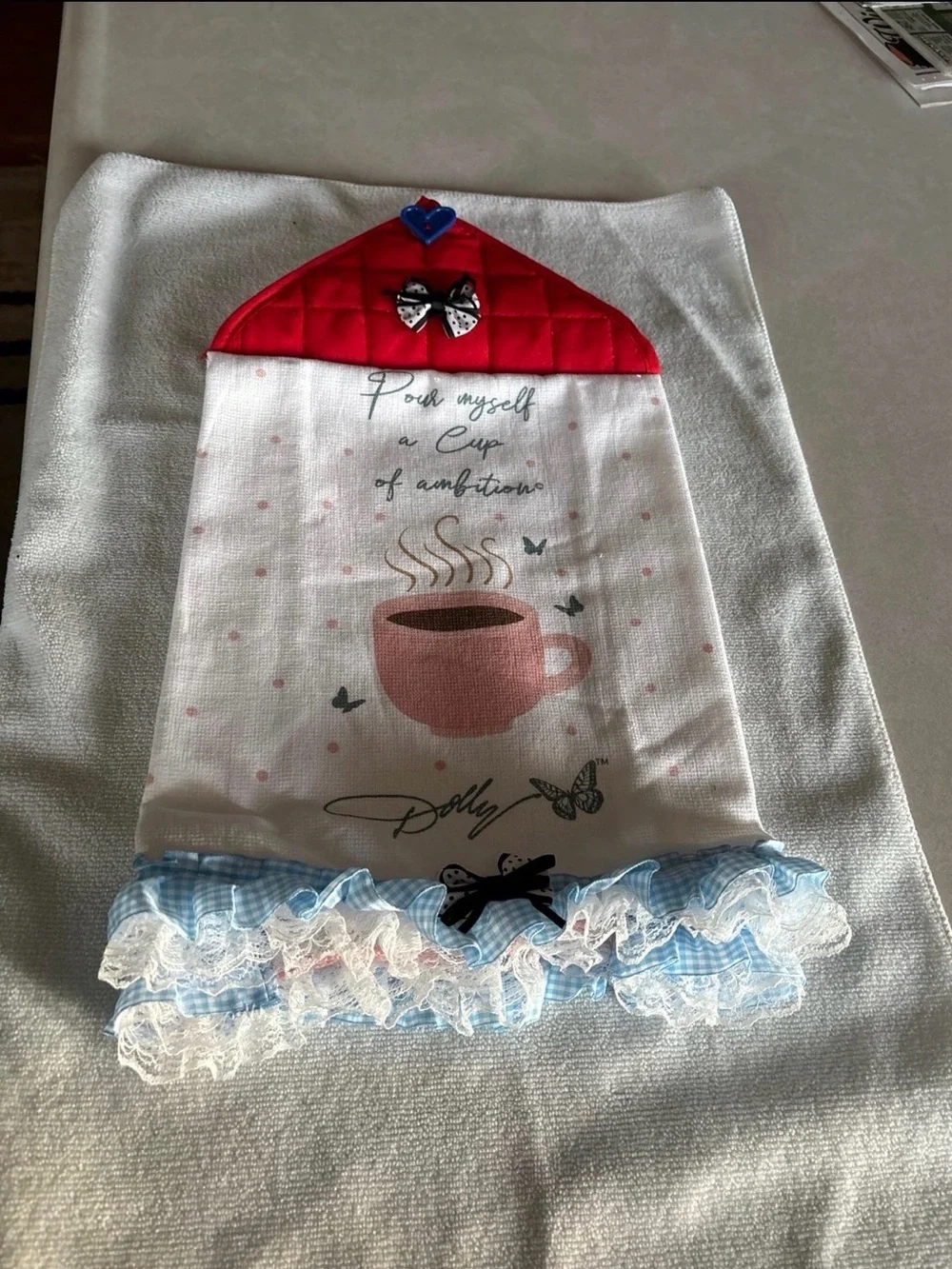Kitchen Tea Towel with Pink Cup Design and Blue Ruffle new homemade